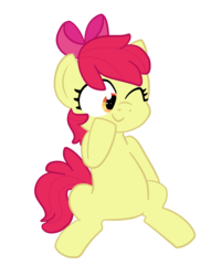Size: 2000x2500 | Tagged: safe, artist:saveraedae, apple bloom, earth pony, pony, g4, apple bloom's bow, aside glance, bow, cute, female, filly, hair bow, high res, one eye closed, simple background, sitting, smiling, solo, touching face, transparent background, wink