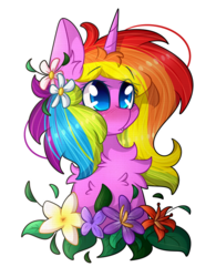 Size: 821x1050 | Tagged: safe, artist:soundwavepie, oc, oc only, oc:rainbow cloud, pony, unicorn, blushing, bust, chest fluff, colored pupils, ear fluff, female, flower, flower in hair, fluffy, mare, portrait, simple background, solo, transparent background