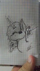 Size: 2560x1440 | Tagged: safe, artist:xxenocage, oc, oc only, pony, bust, graph paper, gun, monochrome, portrait, rifle, solo, traditional art, weapon