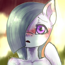 Size: 1000x1000 | Tagged: dead source, safe, artist:a-vomikaa, marble pie, earth pony, semi-anthro, g4, blushing, bust, female, hair over one eye, looking at you, mare, portrait, signature, solo