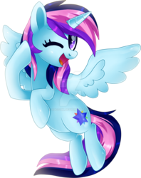 Size: 1024x1294 | Tagged: safe, artist:sugguk, oc, oc only, oc:brightstar lumiere, oc:brightstar sentry, alicorn, pony, alicorn oc, female, horn, mare, one eye closed, simple background, solo, transparent background, watermark, wings, wink