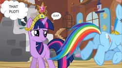 Size: 1100x618 | Tagged: safe, edit, rainbow dash, twilight sparkle, g4, big crown thingy, butt, female, jewelry, lesbian, plot, regalia, ship:twidash, shipping, text