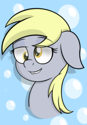 Size: 1024x1470 | Tagged: safe, artist:askshalua, derpy hooves, pegasus, pony, g4, abstract background, bedroom eyes, bubble, bust, female, floppy ears, lip bite, mare, portrait, solo