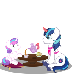 Size: 1024x1060 | Tagged: safe, artist:askshalua, princess flurry heart, shining armor, alicorn, pony, unicorn, g4, best dad ever, cup, cupcake, cute, duo, empty eyes, equestria's best father, eyes closed, father and daughter, female, filly, flurrybetes, food, happy, levitation, like father like daughter, like parent like child, magic, male, older, older flurry heart, open mouth, shining adorable, simple background, sitting, smiling, stallion, table, tea party, teacup, teapot, telekinesis, transparent background