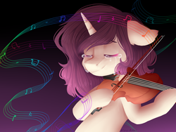 Size: 1600x1200 | Tagged: safe, artist:shiromidorii, oc, oc only, oc:hazel, pony, unicorn, crying, female, mare, music notes, musical instrument, solo, violin