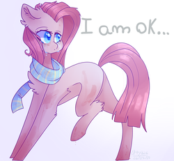 Size: 1024x948 | Tagged: safe, artist:erinartista, pinkie pie, earth pony, pony, g4, clothes, crying, female, pinkamena diane pie, raised leg, sad, scarf, solo