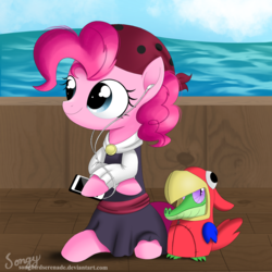 Size: 2000x2000 | Tagged: safe, artist:songbirdserenade, gummy, pinkie pie, parrot, pony, g4, my little pony: the movie, animal costume, clothes, costume, earbuds, gummy the parrot, high res, ocean, pirate, pirate pinkie pie, ship, sitting