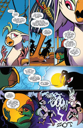 Size: 636x978 | Tagged: safe, artist:andy price, idw, official comic, captain celaeno, mullet (g4), bird, ornithian, anthro, digitigrade anthro, g4, my little pony: the movie, my little pony: the movie prequel, spoiler:comic, clothes, comic, dagger, eyepatch, female, headscarf, lightning, male, parrot pirates, pirate, preview, scarf, speech bubble, weapon