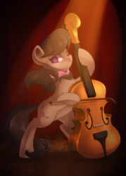 Size: 1500x2100 | Tagged: safe, artist:drawntildawn, octavia melody, earth pony, pony, g4, bow (instrument), bowtie, cello, cello bow, female, mare, musical instrument, one eye closed, smiling, solo, wink