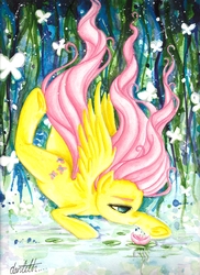 Size: 3402x4677 | Tagged: safe, artist:dantethehuman, fluttershy, pegasus, pony, g4, falling, female, flower, looking at something, looking down, mare, smiling, solo, spread wings, traditional art, water, watercolor painting, waterlily, wings