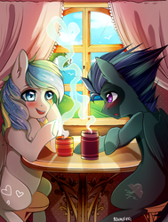 Size: 1000x1323 | Tagged: safe, artist:renaifoxi, oc, oc only, pegasus, pony, blushing, commission, cup, duo, female, male, mare, oc x oc, shipping, smiling, stallion, straight, table, window, ych result