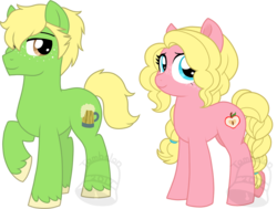 Size: 924x700 | Tagged: safe, alternate version, artist:tambelon, oc, oc only, oc:hard cider, oc:pink lady, earth pony, pony, brother and sister, duo, female, magical lesbian spawn, male, mare, offspring, parent:applejack, parent:rainbow dash, parents:appledash, siblings, simple background, stallion, transparent background, unshorn fetlocks, watermark