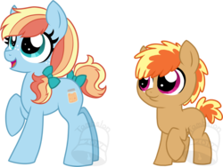 Size: 933x700 | Tagged: safe, alternate version, artist:tambelon, oc, oc only, oc:apple butter, oc:applesauce, earth pony, pony, bow, brother and sister, colt, duo, female, filly, freckles, hair bow, magical lesbian spawn, male, offspring, parent:applejack, parent:rainbow dash, parents:appledash, siblings, simple background, tail bow, transparent background, watermark