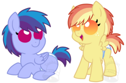 Size: 1002x657 | Tagged: safe, alternate version, artist:tambelon, oc, oc only, oc:flying colors, oc:moonbow, pegasus, pony, brother and sister, colt, diaper, duo, female, filly, freckles, magical lesbian spawn, male, offspring, parent:applejack, parent:rainbow dash, parents:appledash, siblings, simple background, transparent background, watermark