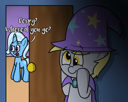 Size: 1161x929 | Tagged: safe, artist:techreel, derpy hooves, trixie, pony, g4, accessory theft, bubbly friendship, cape, clothes, cute, hat, trixie's cape, trixie's hat