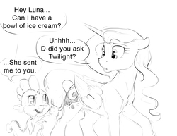 Size: 3300x2550 | Tagged: safe, artist:silfoe, princess luna, spike, alicorn, dragon, pony, royal sketchbook, g4, ask, blatant lies, dialogue, female, grayscale, high res, male, mare, monochrome, sketch, tumblr