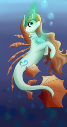 Size: 4304x8096 | Tagged: safe, artist:shirofluff, oc, oc only, oc:sea scribe, merpony, pony, seapony (g4), unicorn, absurd resolution, amulet, lionfish, magic neclace, magic pendant, ocean, solo, underwater