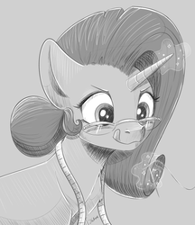 Size: 3531x4093 | Tagged: safe, artist:faline-art, rarity, pony, unicorn, g4, bun, female, glasses, mare, measuring tape, monochrome, sewing, solo, tongue out