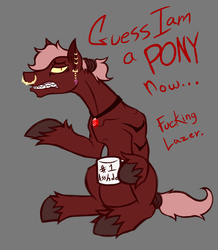 Size: 1416x1626 | Tagged: safe, artist:madness-with-reason, coffee mug, crossover, dialogue, gem, gray background, jewelry, mug, necklace, piercing, simple background, sitting, solo, teeth, text, unshorn fetlocks