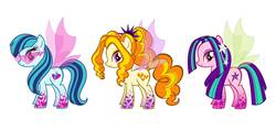 Size: 1950x919 | Tagged: safe, artist:naokomullally, adagio dazzle, aria blaze, sonata dusk, pony, g4, alternate hairstyle, equestria girls ponified, female, glasses, gradient legs, looking at you, loose hair, mare, ponified, side view, simple background, siren wings, sonata's pointy shades, the dazzlings, trio, trio female, white background