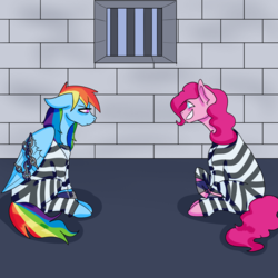 Size: 5000x5000 | Tagged: safe, artist:sharksrule12, pinkie pie, rainbow dash, pony, g4, absurd resolution, bound wings, cell, chains, clothes, cuffed, cuffs, duo, frustrated, grin, handcuffed, jail, nervous, nervous smile, prison, prison outfit, prison stripes, prisoner pp, prisoner rd, shackles, smiling