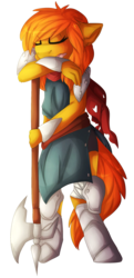 Size: 1123x2311 | Tagged: safe, artist:oddends, oc, oc only, oc:camber, anthro, armor, clothes, female, halberd, mare, scarf, simple background, sleeping, solo, transparent background, weapon