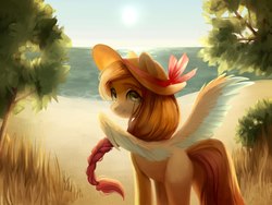 Size: 2560x1920 | Tagged: safe, artist:aphphphphp, oc, oc only, pegasus, pony, beach, butt, colored wings, colored wingtips, female, hat, looking back, mare, ocean, plot, solo, spread wings, wings