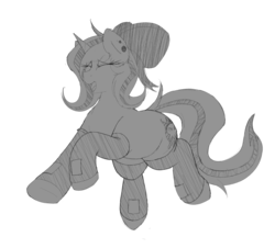 Size: 3000x2714 | Tagged: safe, artist:codras, oc, oc only, oc:lilith, pony, unicorn, bow, clothes, ear piercing, earring, female, gloves, hair bow, high res, jewelry, latex gloves, mare, monochrome, open mouth, piercing, smiling, solo