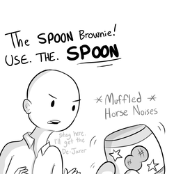 Size: 1650x1650 | Tagged: safe, artist:tjpones, oc, oc only, oc:brownie bun, oc:richard, earth pony, human, pony, horse wife, descriptive noise, dialogue, female, food, grayscale, horse noises, hubbo, mare, monochrome, peanut butter, richard is not amused, simple background, this will end in tears and/or breakfast, white background