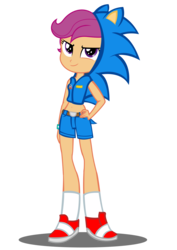 Size: 1630x2296 | Tagged: safe, artist:trungtranhaitrung, scootaloo, equestria girls, g4, belly button, classic sonic, clothes, cosplay, costume, crossover, female, hand on hip, male, midriff, photo, simple background, solo, sonic the hedgehog, sonic the hedgehog (series), transparent background