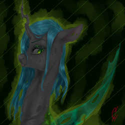 Size: 1024x1024 | Tagged: safe, artist:coconuthound, queen chrysalis, changeling, changeling queen, g4, abstract background, female, smiling, solo