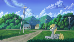 Size: 2560x1440 | Tagged: safe, artist:ailynd, derpy hooves, pegasus, pony, g4, female, hill, prone, scenery, sky, smiling, solo, telephone pole