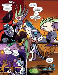 Size: 1231x1579 | Tagged: safe, artist:andypriceart, idw, official comic, capper dapperpaws, captain celaeno, chummer, storm king, pony, anthro, digitigrade anthro, g4, my little pony: the movie, my little pony: the movie prequel, spoiler:comic, amputee, anthro with ponies, ass, butt, chest fluff, choking, comic, female, male, misfortune malachite, peg leg, prosthetic leg, prosthetic limb, prosthetics, speech bubble, tempting fate
