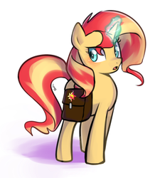 Size: 900x1000 | Tagged: safe, artist:haden-2375, sunset shimmer, pony, unicorn, g4, cute, female, magic, mare, open mouth, raised eyebrow, saddle bag, shimmerbetes, solo
