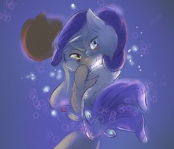 Size: 2389x2047 | Tagged: safe, artist:yajima, applejack, rarity, earth pony, pony, seapony (g4), unicorn, g4, my little pony: the movie, blue background, blushing, bubble, dorsal fin, female, fin, fish tail, flowing mane, flowing tail, glowing, high res, horn, lesbian, looking at you, mare, ocean, seaponified, seapony applejack, seapony rarity, ship:rarijack, shipping, simple background, smiling, smiling at you, species swap, swimming, tail, underwater, water