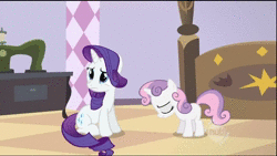 Size: 1280x720 | Tagged: safe, screencap, rarity, sweetie belle, pony, unicorn, g4, sisterhooves social, angry, animated, big eyes, faic, female, filly, gritted teeth, hub logo, mare, sound, teeth grinding, webm