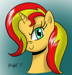 Size: 871x916 | Tagged: safe, artist:cartoon-eric, sunset shimmer, pony, unicorn, g4, bust, female, hair over one eye, looking at you, mare, smiling, solo