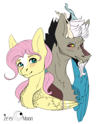Size: 1280x1492 | Tagged: safe, artist:arcticnight-art, discord, fluttershy, draconequus, pegasus, pony, g4, blaze (coat marking), bust, coat markings, duo, facial markings, female, male, ship:discoshy, shipping, simple background, straight, transparent background