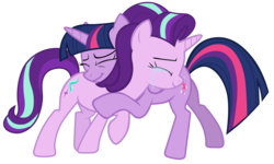 Size: 11700x7000 | Tagged: safe, artist:tardifice, starlight glimmer, twilight sparkle, alicorn, pony, unicorn, celestial advice, g4, absurd resolution, crying, duo, duo female, eyes closed, female, hug, mare, show accurate, simple background, smiling, tears of joy, transparent background, twilight sparkle (alicorn), vector