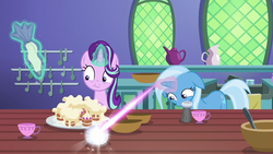 Size: 1280x720 | Tagged: safe, screencap, starlight glimmer, trixie, pony, all bottled up, g4, cup, icing bag, magic, teacup