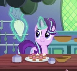 Size: 442x406 | Tagged: safe, screencap, starlight glimmer, pony, unicorn, all bottled up, g4, cropped, cute, female, glimmerbetes, happy, icing bag, magic, mare, smiling, solo, teacakes