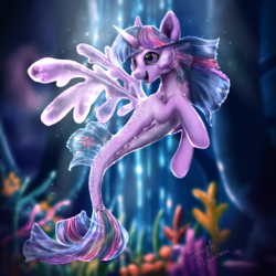 Size: 1500x1500 | Tagged: dead source, safe, artist:makkah, twilight sparkle, seapony (g4), g4, my little pony: the movie, bioluminescent, bubble, coral, dorsal fin, female, fin, fin wings, fins, fish tail, flowing mane, flowing tail, ocean, open mouth, open smile, reef, seaponified, seapony twilight, seaquestria, seaweed, smiling, solo, species swap, swimming, tail, underwater, water, wings