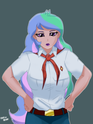 Size: 1200x1600 | Tagged: safe, artist:hardbrony, princess celestia, principal celestia, human, equestria girls, g4, clothes, crossover, everlasting summer, female, humanized, looking at you, olga dmitrievna (everlasting summer), pioneer, simple background, solo, young pioneer