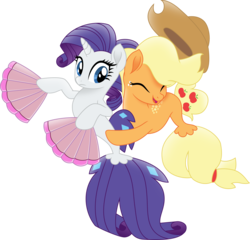 Size: 4265x4089 | Tagged: safe, artist:tralomine, applejack, rarity, earth pony, pony, seapony (g4), unicorn, g4, my little pony: the movie, .svg available, absurd resolution, eyes closed, female, hug, lesbian, mare, seaponified, seapony applejack, seapony rarity, seashell fan, ship:rarijack, shipping, simple background, species swap, transparent background, vector