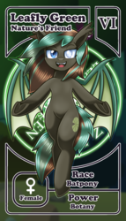 Size: 800x1399 | Tagged: safe, artist:vavacung, oc, oc only, oc:leafly green, bat pony, pony, bat pony oc, blind eye, fangs, female, looking at you, mare, smiling, solo, underhoof