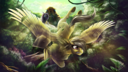Size: 3840x2160 | Tagged: safe, artist:lupiarts, ahuizotl, daring do, pegasus, pony, g4, adventure, bag, clothes, crepuscular rays, female, flying, hat, high res, jungle, mare, outdoors, temple