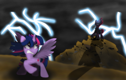 Size: 6362x4029 | Tagged: safe, artist:ejlightning007arts, tempest shadow, twilight sparkle, alicorn, pony, g4, my little pony: the movie, absurd resolution, broken horn, duo, female, horn, lightning, mare, overcast, twilight sparkle (alicorn)