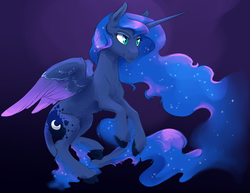 Size: 3300x2550 | Tagged: safe, artist:silfoe, princess luna, alicorn, classical unicorn, pony, unicorn, royal sketchbook, g4, cloven hooves, colored fetlocks, colored wings, colored wingtips, dark background, female, high res, horn, leonine tail, rearing, slit pupils, solo, unshorn fetlocks