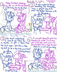 Size: 1280x1611 | Tagged: safe, artist:adorkabletwilightandfriends, twilight sparkle, oc, oc:greg, alicorn, pony, unicorn, comic:adorkable twilight and friends, g4, adorkable twilight, comic, dialogue, floppy ears, lineart, looking at each other, sitting, slice of life, smiling, sweat, twilight sparkle (alicorn)