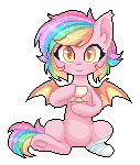 Size: 127x150 | Tagged: safe, artist:doekitty, oc, oc only, oc:paper stars, bat pony, pony, amputee, animated, bat pony oc, cup, drinking, fangs, female, gif, mare, multicolored hair, pixel art, simple background, smiling, solo, teacup, transparent background, underhoof